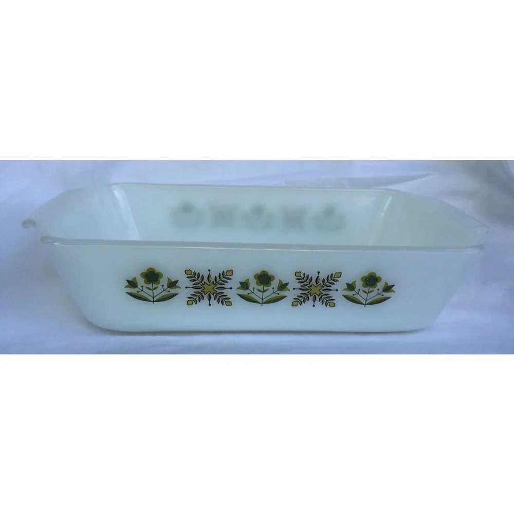 Anchor Hocking Fire King Ovenwear 1QT USA Baking Dish Green Flowers Meadow Retro